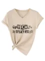 Maglietta donna casual con scollo a V e maniche corte con grafica tech teacher e nodo. - Taglia S / Top / Colore sabbia