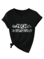Maglietta nera da donna scollo V maniche corte con bellissima stampa tech e nodo in basso. - Taglia S / Top / Nero