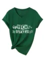 Dettaglio ravvicinato della maglietta da donna scollo V manica corta con stampa grafica. - Taglia S / Top / verde retrò