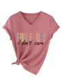 Maglietta casual da donna a maniche corte con scollo a V, stampa divertente e orlo annodato. - Taglia S / Top / Oro Rosa (Stampa Nera)