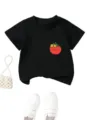 Cute tomato print short sleeve black t-shirt for kids, comfortable casual cotton top. - 120cm / Tops / Black