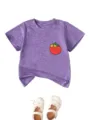 Cute toddler purple t-shirt with a sweet cartoon tomato print, paired with white bow shoes. - Purple