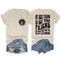 Casual women short sleeve crewneck graphic tee with letter print and denim shorts outfit. - S / Tops / Sand