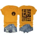Women casual round neck short sleeve t-shirt with trendy graphic print and denim shorts. - S / Tops / Mustard Yellow