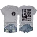 Casual women's grey short sleeve t-shirt featuring fun graphic text print and crewneck. - S / Tops / Light Gray