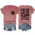 Close-up detail of red heather short sleeve t-shirt with graphic print and denim shorts. - S / Tops / Rose Gold