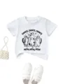 Détail de la manche courte avec imprimé chat, coton doux et coutures soignées pour enfants. - 90 / Hauts / Blanc