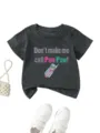 Close up of toddler graphic t-shirt detail, featuring playful retro phone print and typography. - 90cm / Tops / Dark Gray