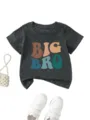 Detailed view of dark grey toddler short sleeve t-shirt with retro big bro letter print. - 90cm / Top (D018) / Dark Gray
