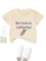 Close-up details of the toddler graphic tee featuring funny letter print and cute phone graphic. - Apricot
