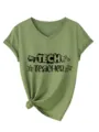Maglietta verde da donna con scollo a V e maniche corte, stampa tech teacher e nodo. - Taglia S / Top / Verde oliva