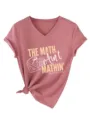 Maglietta donna scollo V manica corta casual con stampa matematica e orlo annodato top - Taglia S / Top / 3812-Oro Rosa (Grafica Bianca)