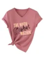 Maglietta grafica a collo V e maniche corte con dettaglio citazione matematica. - Taglia S / Top / 3812-Oro Rosa (Grafica Nera)