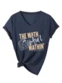 Maglietta da donna blu scuro con scollo a V, simpatica stampa matematica e nodo chic. - Taglia S / Top / Blu Notte