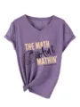 Maglietta donna viola scollo a V manica corta con stampa grafica di matematica e nodo frontale. - Taglia S / Top / Viola