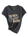Vista dettagliata t-shirt grafica donna scollo V maniche corte stampa matematica orlo annodato. - Taglia S / Top / grigio canapa scuro