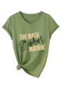 Maglietta da donna verde scollo a V maniche corte con stampa slogan di matematica casual. - Taglia S / Top / Verde oliva