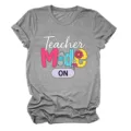 Detail shot of grey women casual short sleeve t-shirt featuring teacher mode on print. - 2XL / Tops / Dark Gray