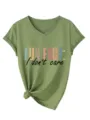 Maglietta casual da donna verde con collo a V e stampa, maniche corte e nodo alla base. - Taglia S / Top / Verde oliva