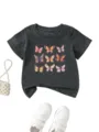 Nahansicht des dunkelgrauen Kindershirts mit bunten Schmetterlingsmotiven als Grafik. - 90cm / Oberteile / Dunkelgrau