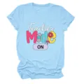 Casual women's short sleeve t-shirt with teacher mode print, comfortable round neck top for daily wear. - 2XL / Tops / Light Blue