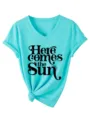 T-shirt casual da donna turchese con scollo a V e maniche corte con stampa grafica sole - Taglia S / Top / Blu Acqua Profonda (Font Nero)