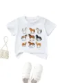Detailed view of kids white short sleeve t-shirt featuring cute horse breeds print design. - 90 / Tops / White