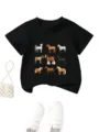 Kids black short sleeve t-shirt featuring cute horse breed graphic prints, casual crewneck top. - 90 / Tops / Black