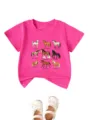 Kids pink short sleeve t-shirt with horse breeds graphic print casual round neck top - 90 / Tops / Rose Red