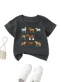 Kids dark grey short sleeve t-shirt with horse breeds print, casual round neck top for children. - 90cm / Tops / Dark Gray