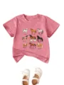 Kids cute pink short sleeve t-shirt featuring horse breeds print graphic casual top. - Peach