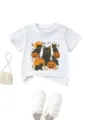 Detail view of cute kids short sleeve t-shirt featuring black cats and halloween pumpkin print. - 90 / Tops / White
