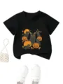 Kids black short sleeve t-shirt featuring cute black cats and pumpkins design detail. - 90 / Tops / Black