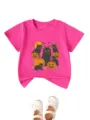 Cute kids pink short sleeve t-shirt with black cat Halloween graphic detail view. - 90cm / Tops / Rose Red