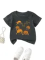 Kids Halloween black cat and pumpkin graphic crewneck short sleeve t-shirt detail view - 90 / Tops / Dark Gray