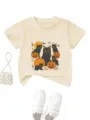 Kids Halloween black cat pumpkin graphic short sleeve t-shirt casual round neck tee top - Apricot