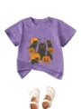 Detailed view of kids cute Halloween black cat pumpkin round neck short sleeve t-shirt. - Purple