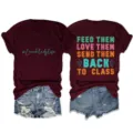 Dames casual korte mouw ronde hals t-shirt met grappige letterprint en denim shorts set. - S / Tops / Bordeauxrood
