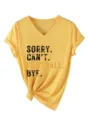 Close-up details of the casual V-neck short sleeve top with funny letter print and knot hem. - S / Tops / Yellow (Black Print)