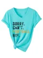 Casual turquoise V-neck short sleeve women T-shirt with funny football slogan print detail. - S / Tops / Deep Water Blue (Black Print)