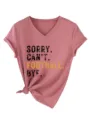 Detail view of pink v-neck short sleeve tee featuring front knot and typography print. - S / Top (3812-Black Print) / Rose Gold