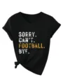 Casual black V-neck short sleeve women's t-shirt with funny football slogan and knotted hem. - S / Tops / Black