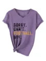 Purple V-neck short sleeve t-shirt with funny football text print and knotted hem detail. - S / Tops / Purple