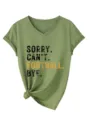 Green V-neck short sleeve T-shirt with slogan print and knotted hem casual top women - S / Tops / Olive Green(3812)