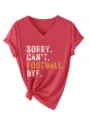 Women red V-neck short sleeve t-shirt with knotted hem and funny football slogan print. - S / Tops / Red(3812)