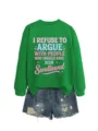 Felpa verde da donna con stampa slogan divertente e dettaglio di pantaloncini in jeans. - Taglia S / Top / Verde erba