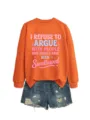 Felpa arancione con stampa di testo divertente abbinata a pantaloncini di jeans strappati donna - Taglia S / Top / Arancione
