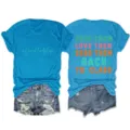 Dames casual ronde hals korte mouw t-shirt met grappige slogan print en denim shorts outfit. - S / Tops / Meerblauw