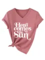 Damen V-Ausschnitt Kurzarm T-Shirt Freizeit Sommer Rosa Oberteil mit Buchstabendruck - Roségold (Weiße Schrift)
