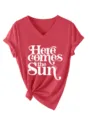 Rotes Damen V-Ausschnitt Kurzarm T-Shirt mit Grafikdruck und Knotendetail lässiges Top. - Rot (Weiße Schrift)